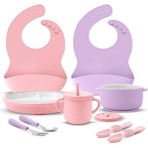 9 Pcs Porcelain Kids Plates and Bowls Feeding Set with Suction, Ceramic Baby Toddler Divided Plates Silicone Sleeve Bowls Forks Spoons Cup Bib Microwave Dishwasher Safe(Pastels)