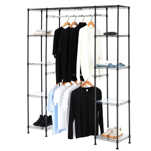 Amazon Basics Adjustable Expandable Metal Hanging Closet Storage Organizer Rack with Shelves, 57-80''L x 14''W x 72''H, Black