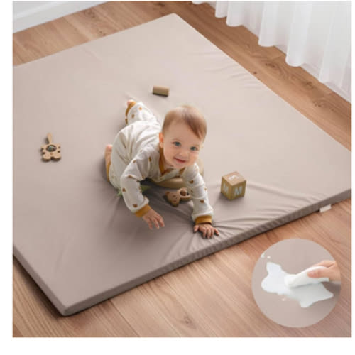 Blissful Diary Vegan Leather Baby Play Mat, 50x50 Thicken Foam Cushioned & Waterproof Playpen Mat for Infants and Toddlers, Stylish and Just Wipe-Clean Playmat for Baby Play on Floor, Brown Gray