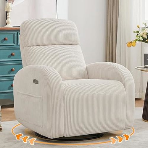 Power Nursery Glider Recliner, Swivel Glider Recliner with USB & Type-C Port, Swivel Reclining Nursery Rocker with Double Pockets for Living Room, White,Corduroy