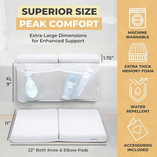 Bath Kneeler and Elbow Rest Pad, Extra Thick Baby Bath Kneeling Pad and Elbow Pad for Bathtub. Bath Tub Elbow Pad with Infant Toy and Baby Accessories Organizer, Off White Color