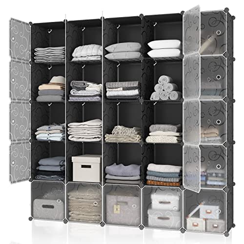 MAGINELS 25 Cube Storage Organizer,Portable Plastic Storage Cabinet,Closet.Stackable Cubby Shelf for Clothes,Toy,Bag. Suitable for Bedroom,Studyroom,Closet Organization,Black(14×14 inch)
