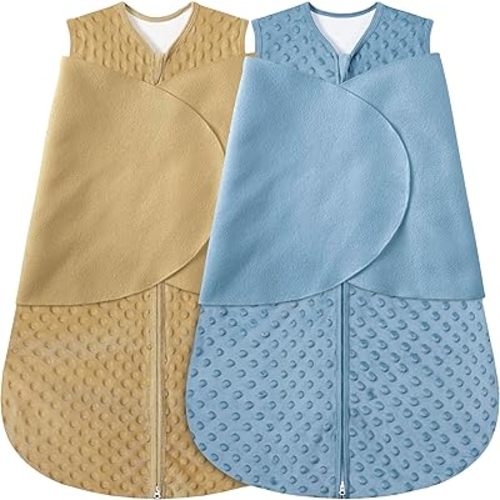 Fleece Newborn Sleep Sack Baby Swaddle,3-Way Adjustable Wearable Blanket,2 Pack Fleece Swaddling Sleeping Bag TOG 2.0, (Brown & Dark Green, 0-3 Months)