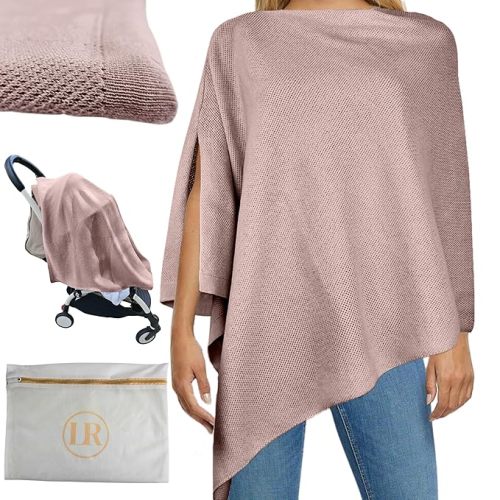 Little Rou Peekaboo Nursing Cover Up for Breastfeeding - Breathable Knit - Soft Organic Cotton & Cashmere Breast Feeding Poncho for Women - Privacy Feature - Includes Mesh Laundry Bag (Mauve)
