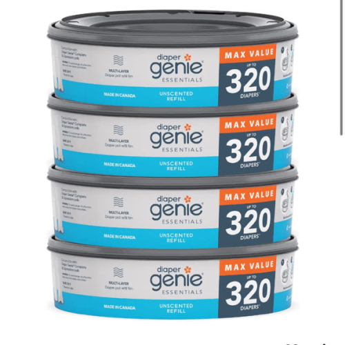 Diaper Genie Essentials Round Refill Pack of 4 | Holds Up to 1280 Newborn Diapers | Features Unscented Continuous Film | Compatible with Diaper Genie Complete and Expressions Pails