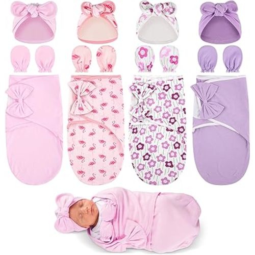 Ramede 4 Sets Preemie Swaddle Blanket with Hats and Mittens, Pure Cotton Breathable Newborn Swaddle Baby Wraps, Soft Adjustable for Preemie Girls Boys, Newborn Gift(Sweet Style)