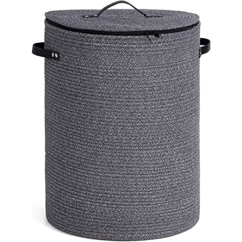 CHICVITA Large Laundry Hamper with Lid, 58L, Tall Clothes Laundry Basket for Bedroom, Rope Laundry Bin for Clothes, Blankets, Toys, Woven Laundry Basket for Living Room, 15 x 20 inches, Grey