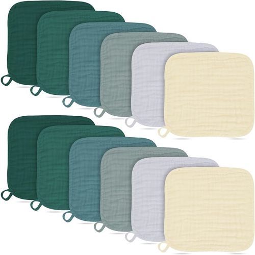 Baby Washcloths -100% Cotton Muslin Soft Baby Bath Wash Cloths and Absorbent Baby Wipes for Newborns Kids Girls and Boys - 12 Pack, 12x12 Inches - Grey, Green, Slate