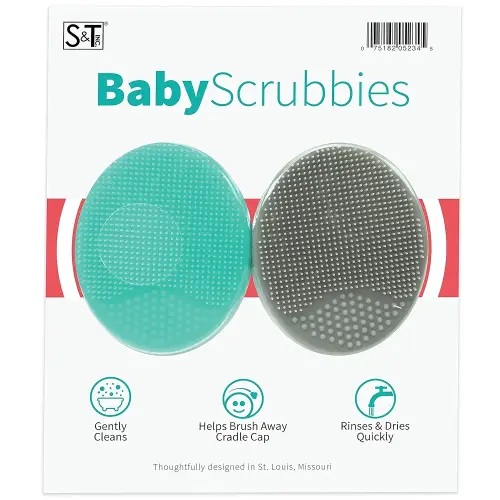 S&T INC. Exfoliating and Massaging Cradle Cap Bath Brushes for Baby, Silicone - 2 Inch x 2.5 Inch, Grey and Teal, 2 Pack