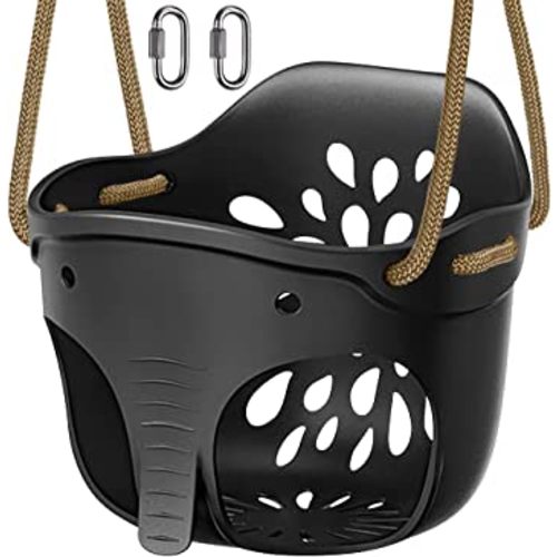 SELEWARE Heavy-Duty High Back Full Bucket Toddler Swing Seat with Locking Carabiners and Adjustable Rope, Cute Elephant Shape Design, 600LB Weight Limit (Bucket Swing, Black)