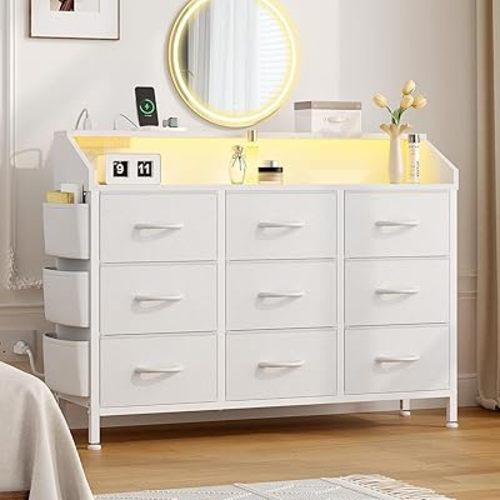 lulive White Dresser with LED Light and Power Outlets, 2-Tier Shelf Fabric Chests of Drawers for Bedroom, Entryway, Closet (White)
