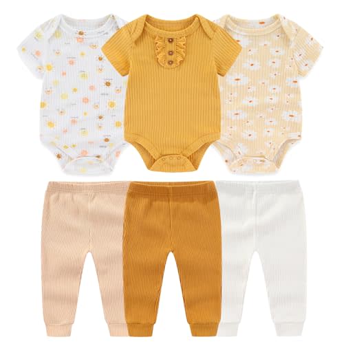 Ruliby Baby Bodysuit and Pant Set 6-pcs Ribbed Soft Infant Boy Girl Clothes Outfits