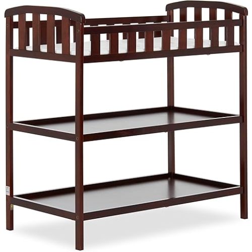 Dream On Me Emily Changing Table, Compact and Portable, Solid New Zealand Pinewood, Safety Rails, Two Storage Shelves, Includes Water-Resistant 1" Changing Pad — Espresso