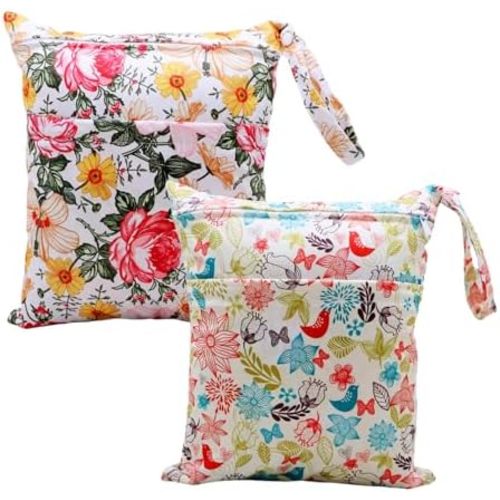 2pcs Cloth Diaper Wet Dry Bags Waterproof Reusable with Two Zippered Pockets Travel Beach Pool Daycare Soiled Baby Items Yoga Gym Bag for Swimsuits or Wet Clothes (3036-2-butterflyflower)