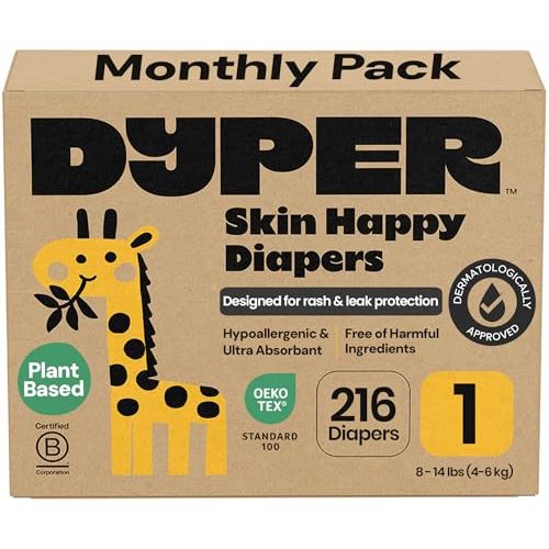 DYPER Monthly Pack Baby Diapers Size 1 (8-14 lbs) 216 Count - Leak-Proof & Plant Based, Hypoallergenic and Ultra Absorbent Size 1 Diapers for Day and Overnight Skin Protection (Packaging May Vary)