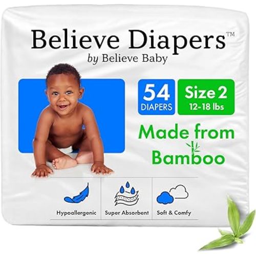 Believe Diapers Size 2 (12-18 Lbs) Viscose Bamboo Diapers 54 Count – Natural Baby Diaper, Chemical Free and Fragrance Free Natural Diaper for Sensitive Skin, Super Absorbent with Leak Protection