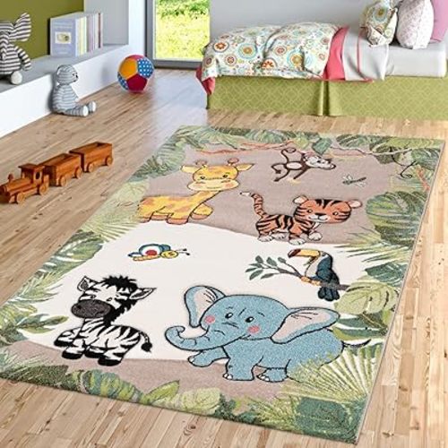 Paco Home Kids Rug Colorful Animals Giraffe Lion Monkey in Beige, Size: 3'11" Round