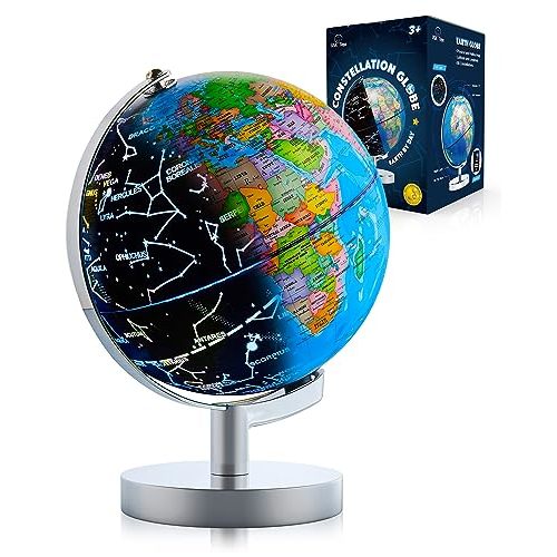 USA Toyz Illuminated Globe for Kids Learning- 3-in-1 STEM Globes of the World with Stand, Constellation Map, Built-in LED Night Light Desk Globe Lamp, Non-Tip Metal Base, 9.75” Tall, 7 Inch Diameter