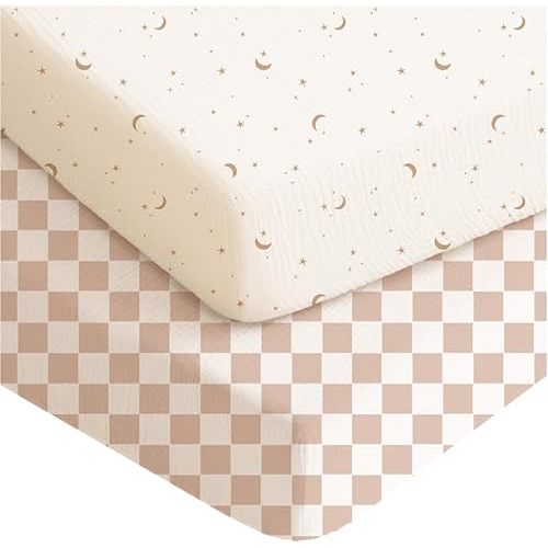 Konssy Muslin Crib Sheets for Boys, Soft Cotton Neutral Baby Sheets for Standard Crib Mattress 2 Pack, 52"x28" (Coffee Check,Moon)