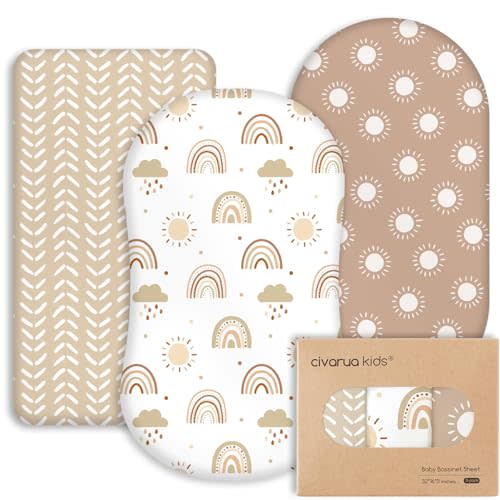 Civarua Kids Baby Bassinet Sheets - 3 Pack Bassinet Mattress Sheet for Baby Boys and Girls, Baby Cradle Safe Sheets Universal for Hourglass Oval Rectangle Bassinet Mattress 33 x 17 Inch, Cloud Rainbow