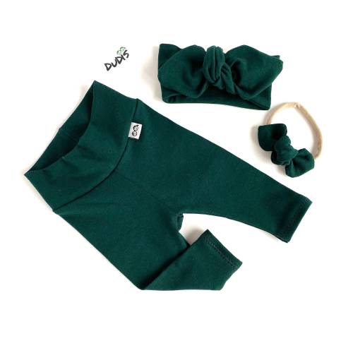 YOU CHOOSE COLOR, Forest Green Baby Girl Leggings and/or Top Knot Headband Set, Baby Tiny Knot Bow, Preemie Girl Clothes