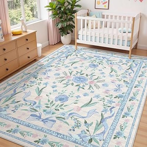Blue Floral Rug 5x7 for Girls Bedroom or Nursery, Cute Bow Washable Area Rug, Ultra-Thin Non Slip Carpet for Kids Room, Dorm or Playroo