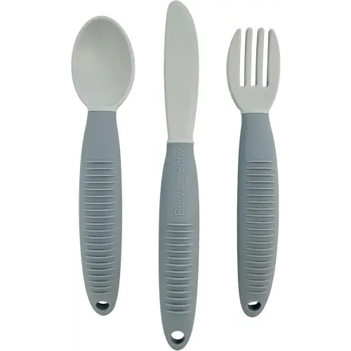 BUSY BABY Eating Utensils for Babies & Toddlers | Fork, Spoon, & Knife | Food-Grade Silicone & Tritan Plastic | Dishwasher Safe, BPA Free (Pewter)