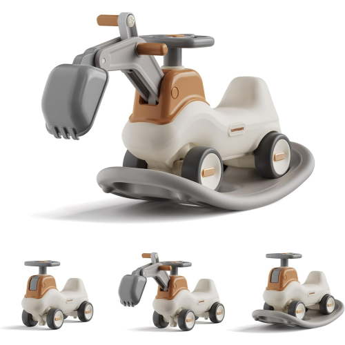 4-in-1 Excavator Rocker n Ride, Ride-On Baby Balance Bike with Detachable Balance Board, Toddler Rocking Chair, Movable Arm, Ride On Toys for Toddlers 3-5, Indoor Outdoor (Gray & White)