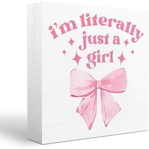Pink Bow Decor, I'm Literally Just A Girl Sign, Preppy Coquette Gifts Pink Girl Room Decor Bow Sign Wooden Box Sign Plaque Table Decorations for Home Farmhouse Bedroom Dormitory Dressing Table