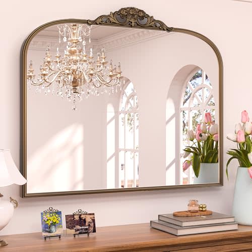 Keonjinn Vintage Gold Mirror 40" x 30", Large Mirror Decorative for Wall, Antique Bathroom Mirror, Ornate Arched Mantle Mirrors, Baroque Decor for Entryway, Hallway, Living Room, French Cleat Mounting