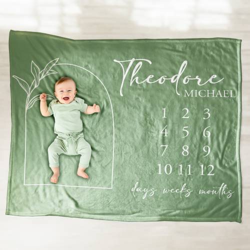 Customizable Sage Green Milestone Blanket - Days Weeks Month - Minimalist - Baby Shower Gift - New Baby Name Gift Boy
