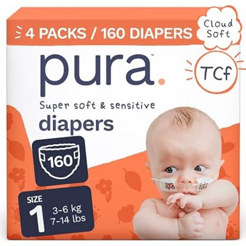 Pura Baby Diapers Size 1-160 Count, 7-14lbs, 12hr Leak Protection, Gentle Newborn Diapers, Hypoallergenic & Sensitive Baby Skin, Toxin-Free*, Blowout Blocker™, Wetness Indicator
