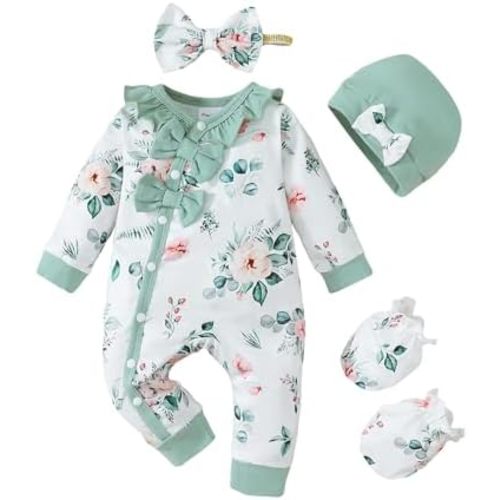 Mikrdoo Newborn Infant Baby Girl Clothes Fall Winter Outfits Long Sleeve Zipper Rompers with Headband