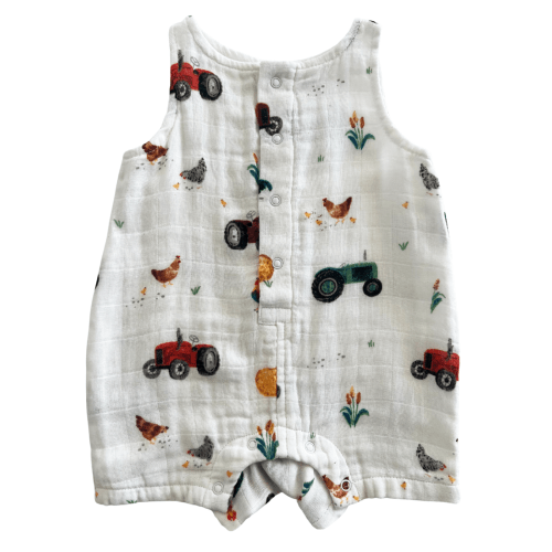 Muslin Shortie Romper, Tractors