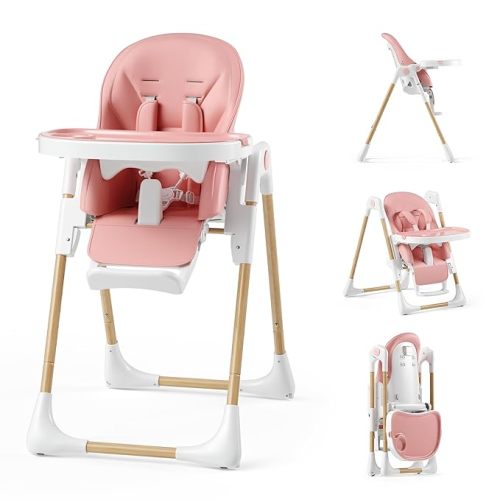 Kinder King Convertible High Chair for Babies & Toddlers, Adjustable Baby Feeding High Chair with Removable Double Tray, Simple Compact Fold for Space-Saving, 2 Built-in Wheels, Easy to Clean