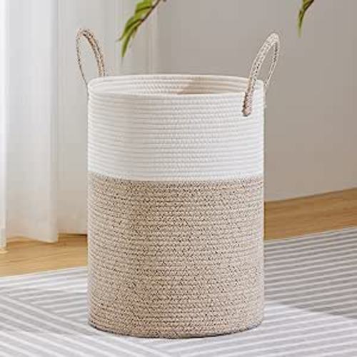 VIPOSCO Large Tall Woven Rope Storage Basket for Blanket, Toys, Dirty Clothes in Living Room, Bathroom, Bedroom - 72L White & Brown : Home & Kitchen