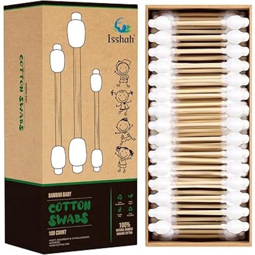Baby Cotton Swabs - 108 Count - FSC Certified and PETA Approved, Bamboo Handle Cotton Tips, 100% Biodegradable, Gentle, Eco Friendly, Double Tips, Plastic Free Safety Baby Cotton Buds by Isshah