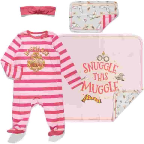 Harry Potter Newborn Baby Boy or Girl Zip Up Sleep N' Play Headband Burp Cloth and Blanket 4 Piece Outfit Set Newborn
