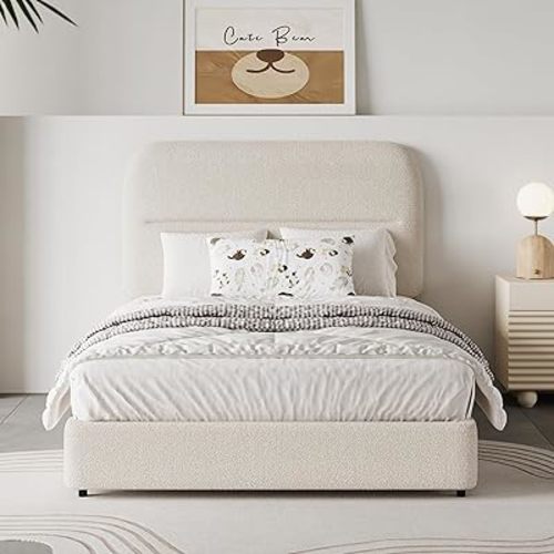 HOMBCK Twin Size Boucle Upholstered Bed Frame with Headboard, Twin Bed Frame for Kids, Soft Rounded Corners, Wooden Slats, No Box Spring Required, Easy Assembly, Cream