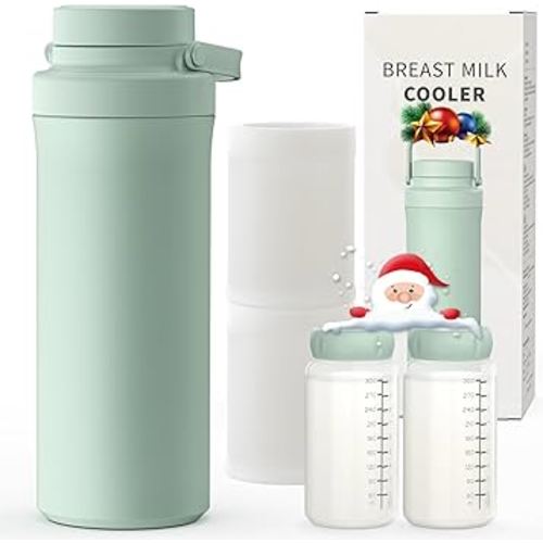 Xaproo 22oz Breast Milk Cooler Bottle, Portable Milk Cooler for Breastmilk with 360°Cooling for 24 Hours, Millk Chiller with 2pcs Baby Bottles, Breastmilk Storage Bags for Baby, BPA-Free (Green)