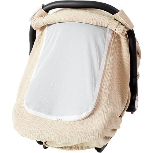 PTMTFYL Baby Car Seat Cover, Infant Car Seat Cover with Zipper, Soft Cotton Muslin Infant Car Seat Canopy Cover with Breathable Mesh Peep Windows for Boys Girls (Light Khaki)