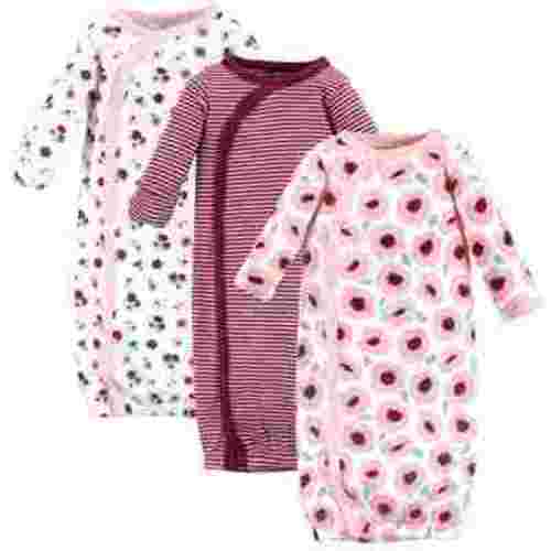 Touched by Nature Baby Girl Organic Cotton Side-Closure Snap Long-Sleeve Gowns 3pk, Blush Blossom, 0-6 Months