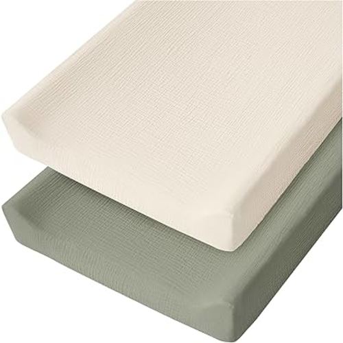 Konssy 2 Pack Muslin Changing Pad Cover for Baby Girls Boys 100% Cotton Fitted Diaper Changing Table Cover Set, Soft Changing Pad Sheets (Fog Green,Cream)