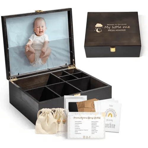 Baby Keepsake Box Wooden with 6 Additional Items - Baby Shower Gifts for Girls Boys, Baby Organizer First Memory Box Large Engraved with Guidelines, Treasured Baby Shower Gifts for New Mom