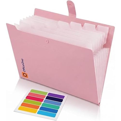 OfficeOne 8-Pocket Expanding File Folder, A4 Letter Size Accordion Document Organizer with Snap Closure, Labeled Tabs & Customizable Color-Coding Stickers, Home Office School (Dusty Pink)