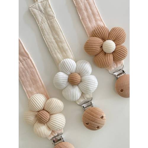 Personalized flower-shaped pacifier clip, baby pacifier clip, in cotton gauze