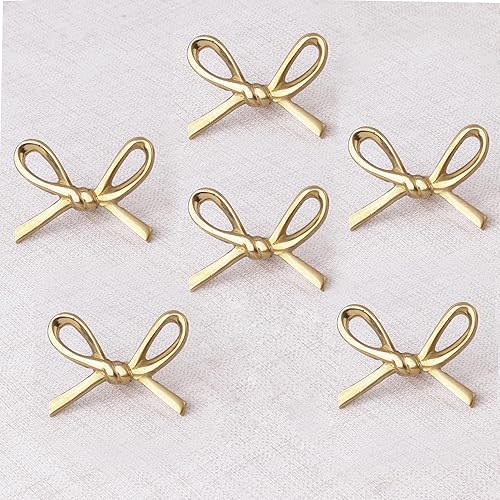 Indian Shelf 6 Pieces Brass Gold Bow Drawer Knobs for Kitchen Cabinet Hardware Nursery Door Decorative Tie Kids Dresser Knobs Pulls Premium Vintage Knob