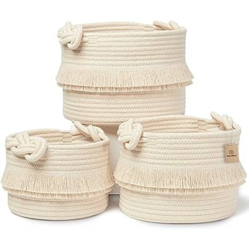 NaturalCozy 3-Piece Boho Decor Storage Basket Set – Cotton Rope Woven Baskets for Organizing! Small Baby Stuff, Shower, Gift Basket, Nursery Planter, Toy Shelves