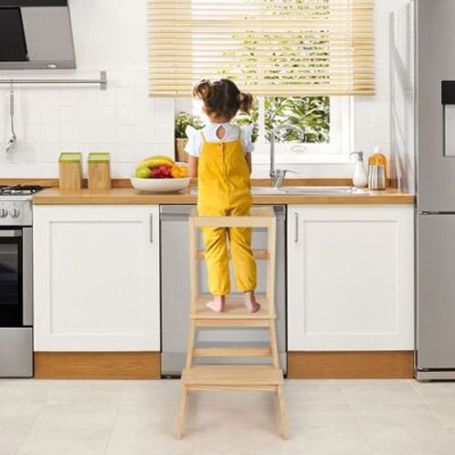 Costway Kids Kitchen Step Stool Kids Standing Tower with Safety Rails Nature