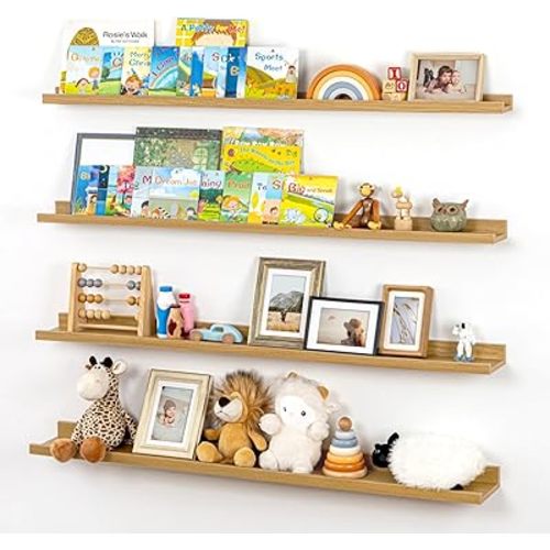 Picture Ledge Shelf for Wall, 48 inch Nursery Book Shelves 4 Packs, Large Floating Ledge Shelves for Kid's Room Bedroom Bathroom Living Room Photo Frames Office Nursery Wall Decor, Natural Oak